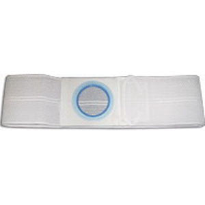 White ostomy belt with adjustable strap and blue ring for medical use