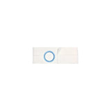Ostomy barrier strip with adhesive and central blue ring on white background