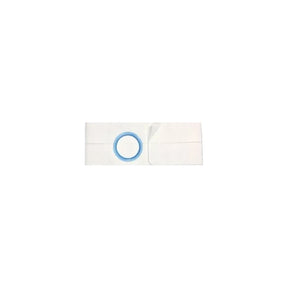 Ostomy barrier strip with adhesive and central blue ring on white background