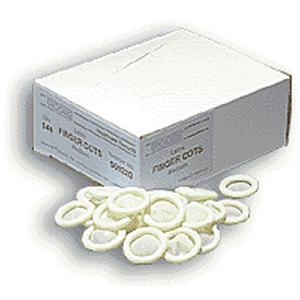 Box of latex finger cots with several finger cots displayed in front of the box