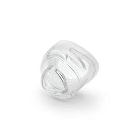 Clear silicone medical mask cushion for respiratory support devices on white background