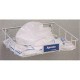 Wall-mounted metal wire basket holding disposable aprons in clear packaging