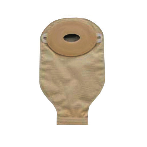 Beige closed ostomy pouch with adhesive barrier for medical use