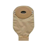 Beige closed ostomy pouch with adhesive barrier for medical use