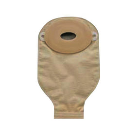 Beige closed ostomy pouch with adhesive barrier for medical use