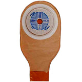 One-piece beige ostomy bag with blue measuring guide and adhesive barrier