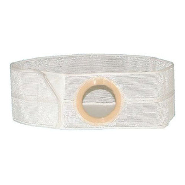 White ostomy belt with round stoma opening for medical support