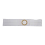 White ostomy belt with adjustable elastic band and central ring for medical support
