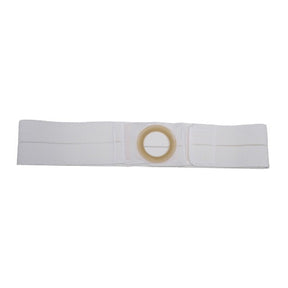 White ostomy belt with adjustable elastic band and central ring for medical support