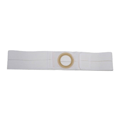 White ostomy belt with adjustable elastic band and central ring for medical support