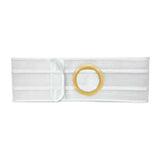 White ostomy belt with adjustable strap and tan stoma ring for medical support