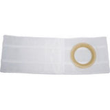 White abdominal ostomy belt with circular opening for medical support
