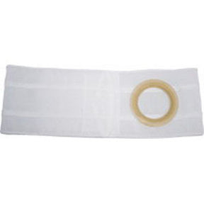 White abdominal ostomy belt with circular opening for medical support