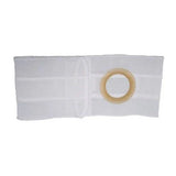 White medical abdominal binder with round central stoma opening for ostomy care