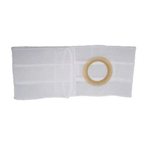 White medical abdominal binder with round central stoma opening for ostomy care