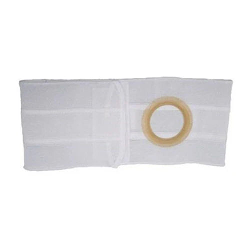 White medical abdominal binder with round central stoma opening for ostomy care