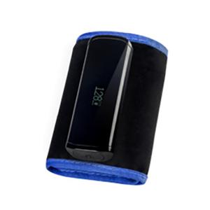 digital blood pressure monitor with black cuff and blue trim on white background