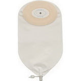 Medical ostomy bag with adhesive barrier and drainage outlet on a plain background