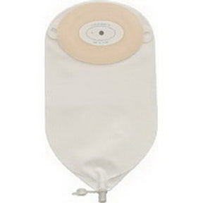 Medical ostomy bag with adhesive barrier and drainage outlet on a plain background