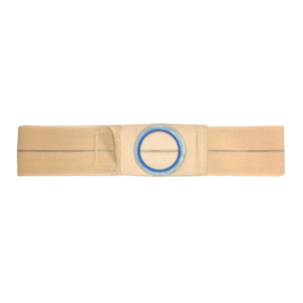 Beige ostomy belt with blue ring for medical support, laid flat on white background
