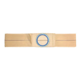 Beige ostomy belt with blue ring for medical support, laid flat on white background
