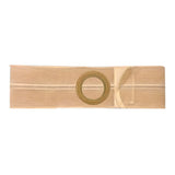 Beige ostomy belt with circular adhesive opening for medical stoma care