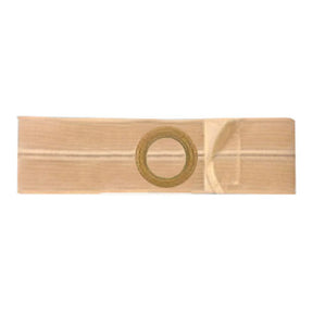 Beige ostomy belt with circular adhesive opening for medical stoma care