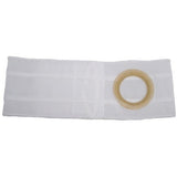 White ostomy belt with circular flange opening for medical support