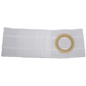 White ostomy belt with circular flange opening for medical support