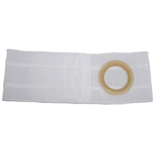 White ostomy belt with circular flange opening for medical support