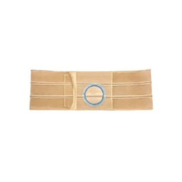 Beige ostomy support belt with blue ring for stoma, medical supplies accessory