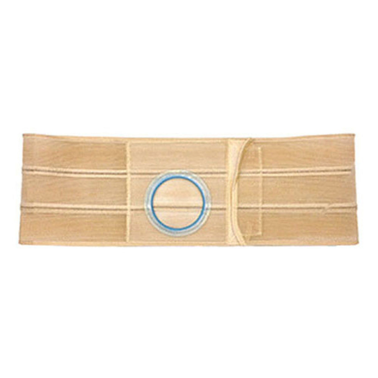 Beige abdominal ostomy support belt with adjustable round stoma opening