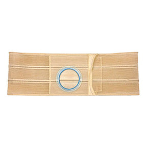 Beige abdominal ostomy support belt with adjustable round stoma opening