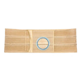 Beige abdominal support belt with circular stoma opening for ostomy care