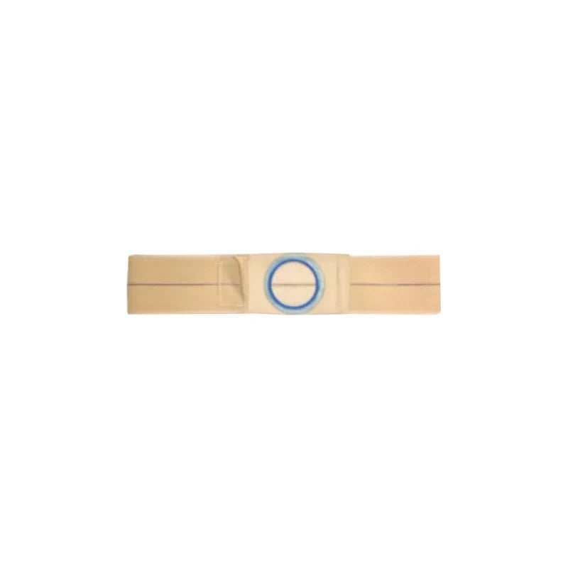 Medical ostomy belt with beige strap and blue ring for stoma support