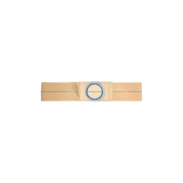 Medical ostomy belt with beige strap and blue ring for stoma support