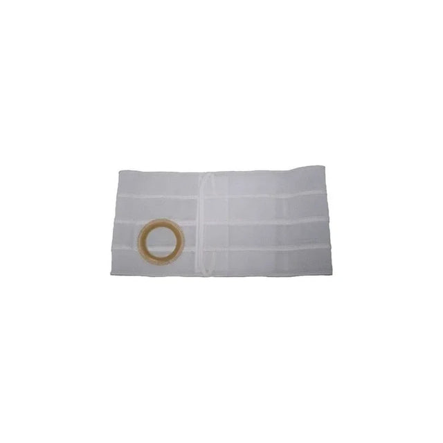 White abdominal support binder with round opening for ostomy or medical device