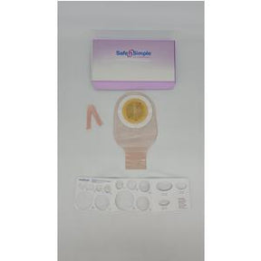 Ostomy bag kit with adhesive barrier, measuring guide, and pink accessory on white background