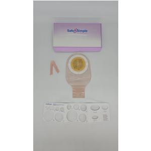 Ostomy bag kit with adhesive barrier, measuring guide, and pink accessory on white background