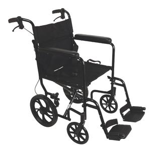 Lightweight black transport wheelchair with footrests and hand brakes for mobility assistance
