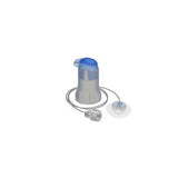 Portable medical drain system with blue lid and attached tubing on white background