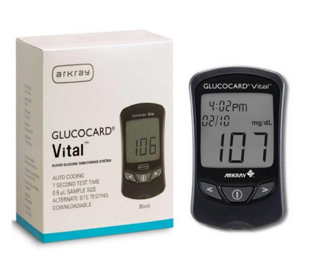 GlucoCard Vital blood glucose meter and packaging, home medical supply for diabetes monitoring.