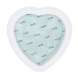Heart-shaped adhesive medical bandage with gentle, soft white border on white background