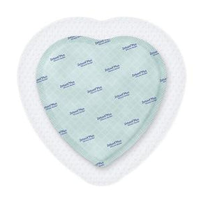 Heart-shaped adhesive medical bandage with gentle, soft white border on white background