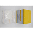 Sterile medical supplies in clear packaging next to a yellow and white box on white background
