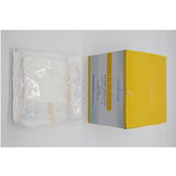 Sterile medical supplies in clear packaging next to a yellow and white box on white background