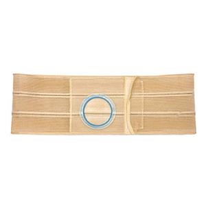 Beige medical abdominal support belt with circular opening, ostomy belt product.