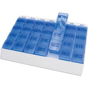 Weekly pill organizer with blue compartments for morning, noon, evening, and bedtime
