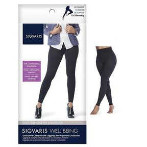 Sigvaris compression leggings packaging and model wearing black graduated compression leggings