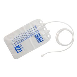 Transparent medical drainage bag with volume markings and attached tubing on white background